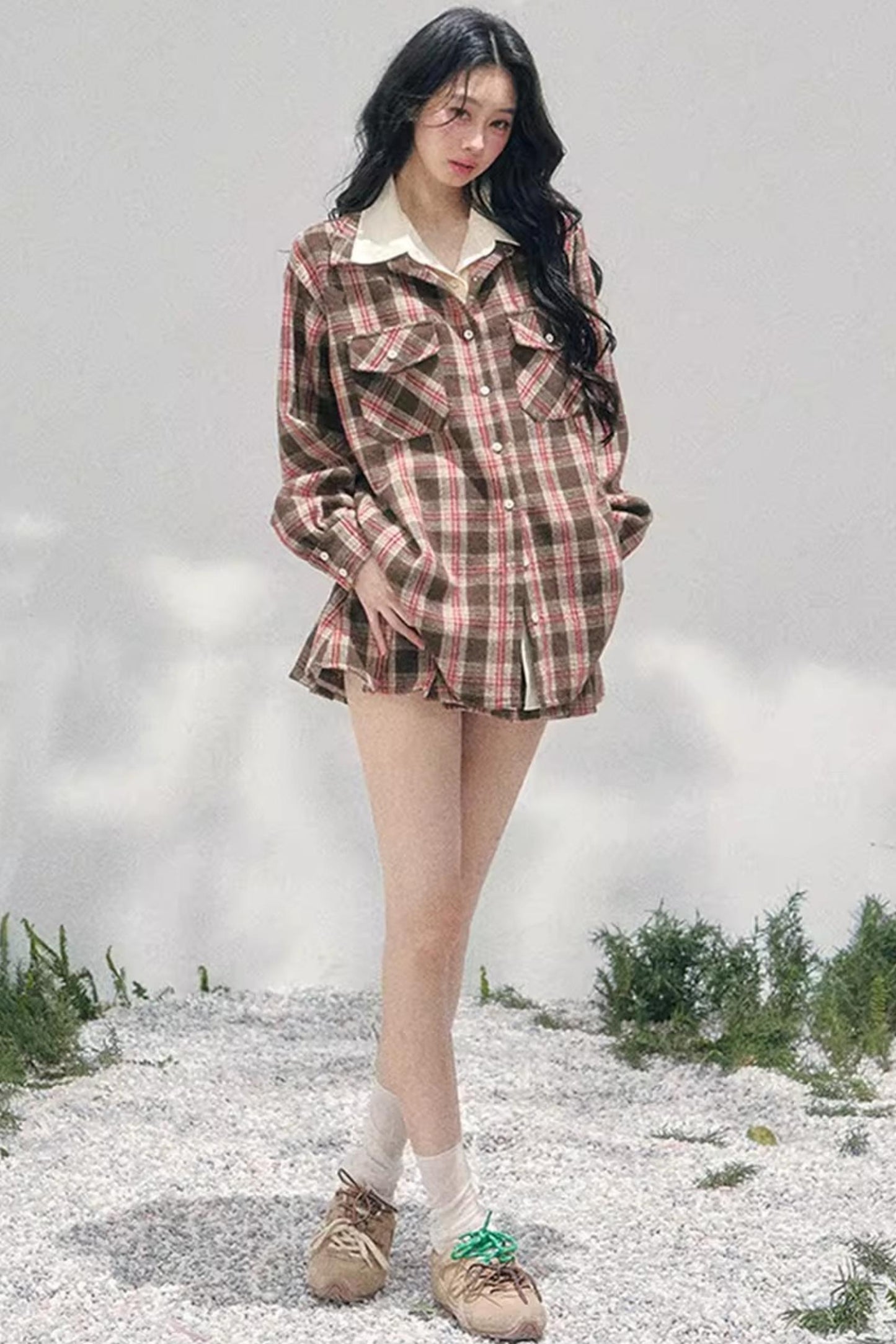 British Cafe Plaid Shirt and Short Skirt Set-Up