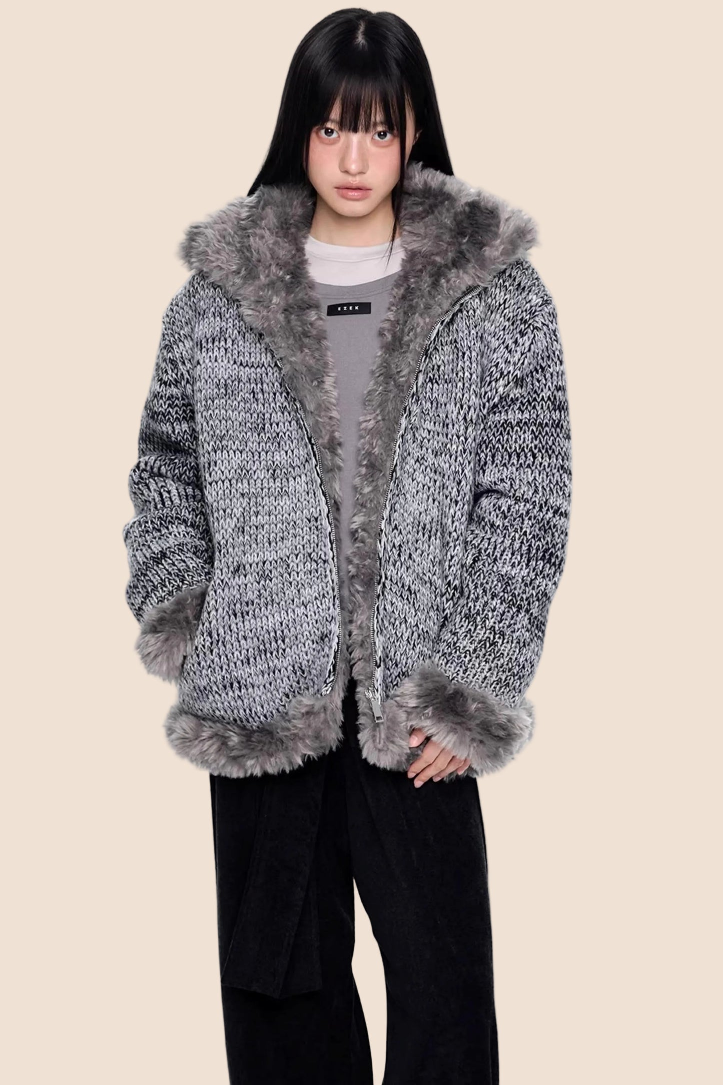 Fur Collar Knitted Reversible Jacket