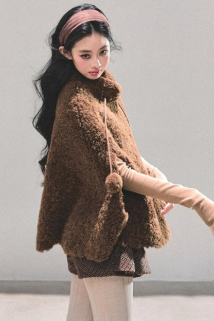 Korean-Style Lamb Wool Cape Coat