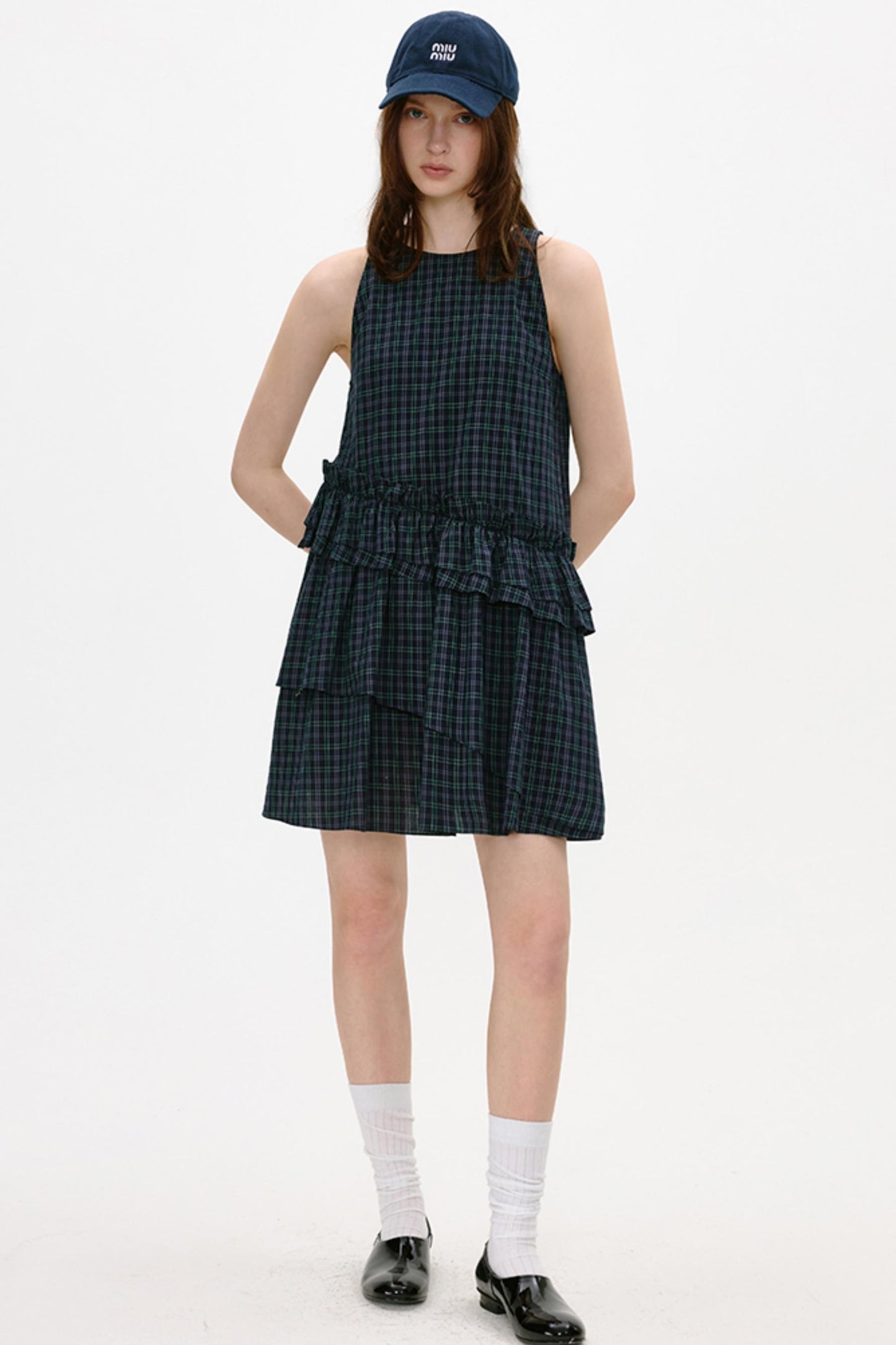 Irregular Plaid Ruffled Vest Dress