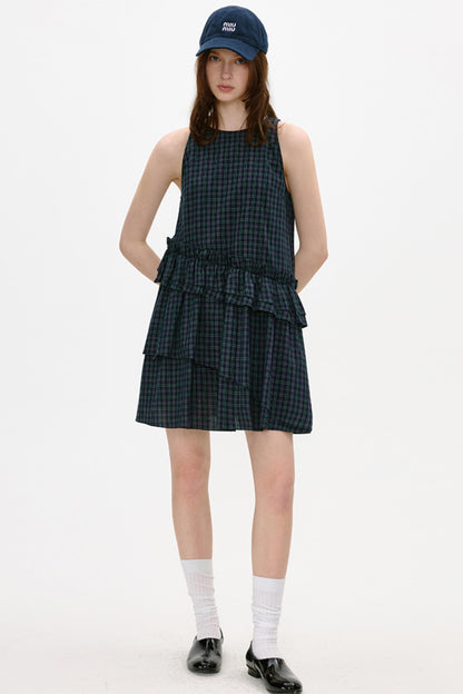 Irregular Plaid Ruffled Vest Dress