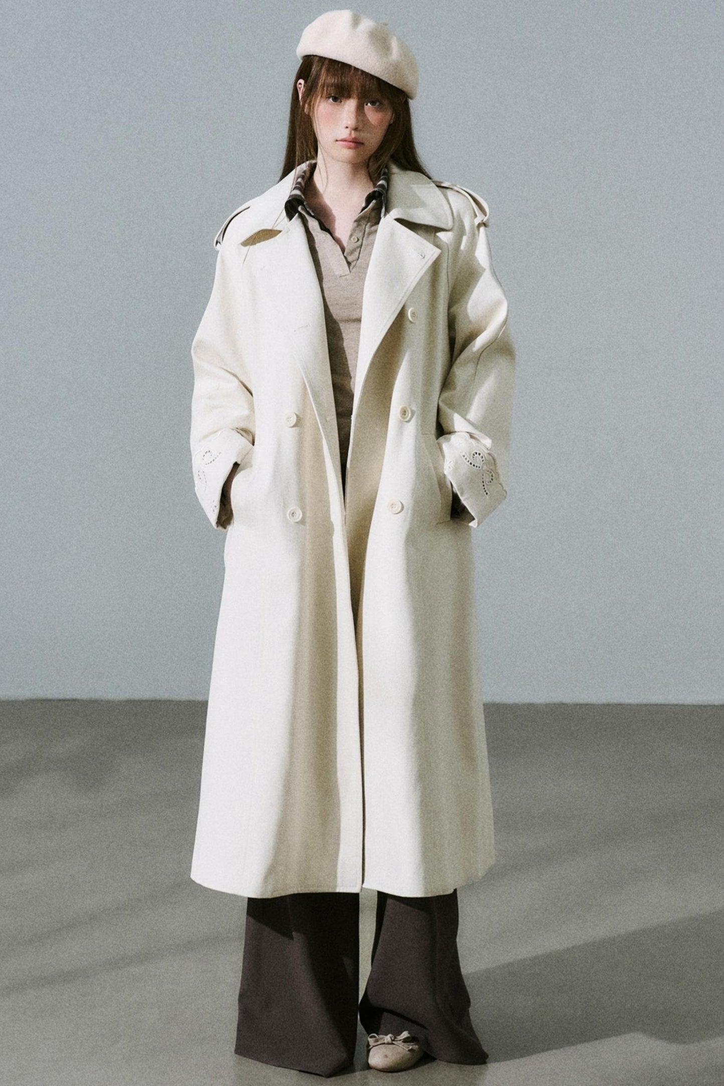 Creamy Hollow Flower Trench Coat