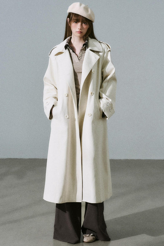Creamy Hollow Flower Trench Coat