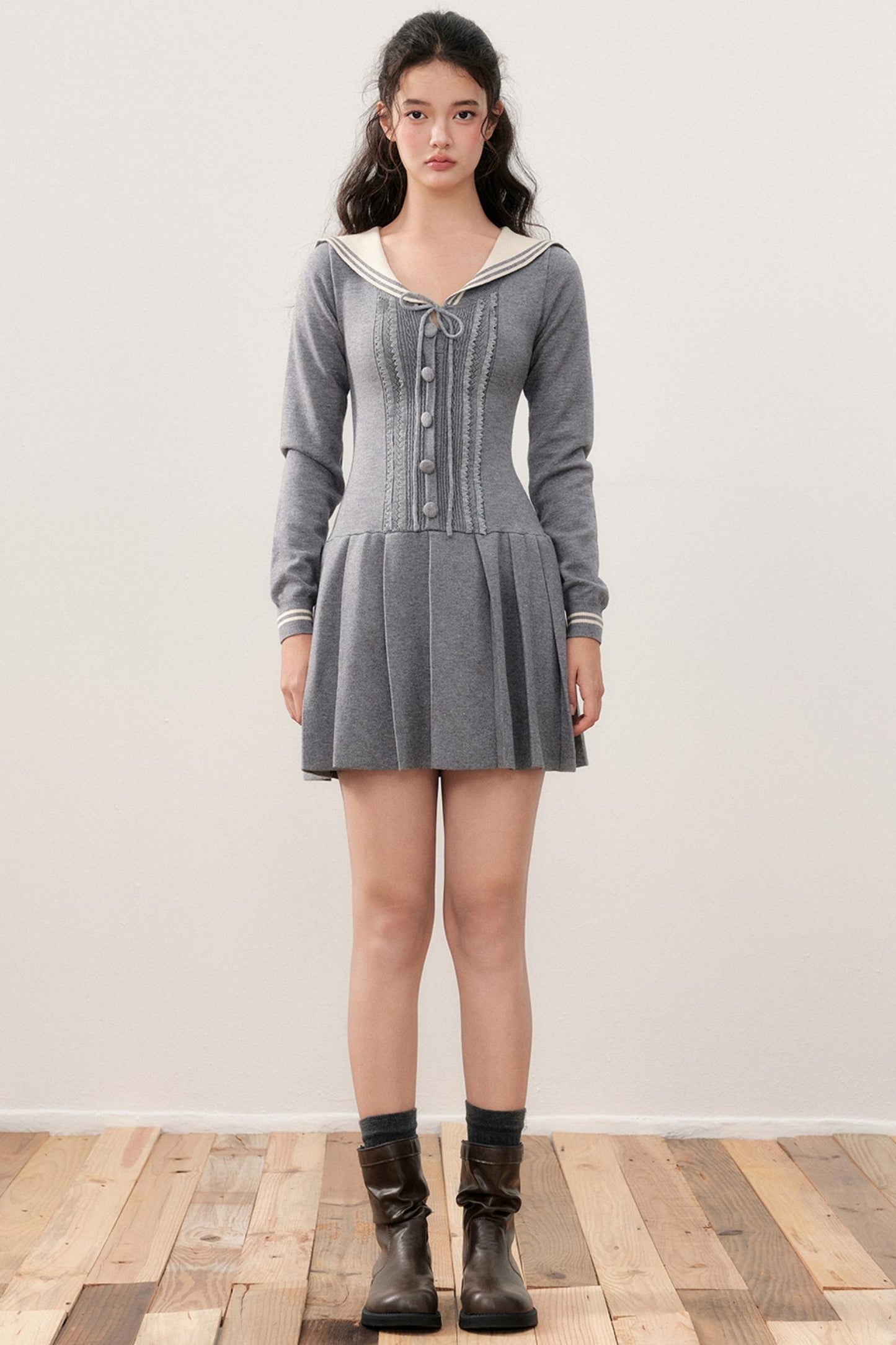 Navy Collar Sailor Sweet Lace Pleated Dress