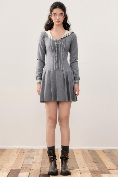 Navy Collar Sailor Sweet Lace Pleated Dress