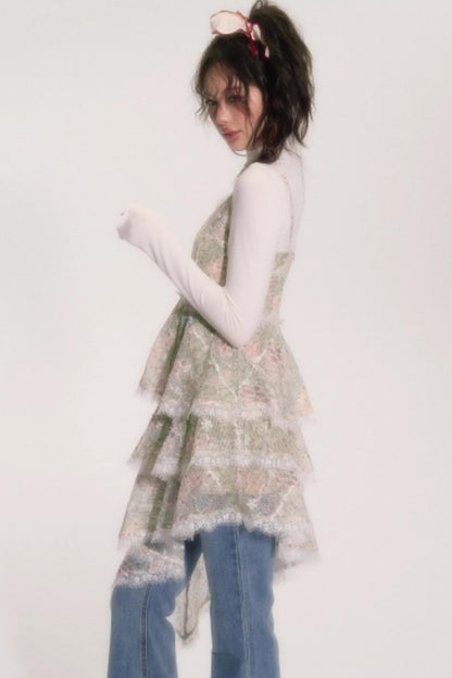 Embroidered Lace Ruffle Dress