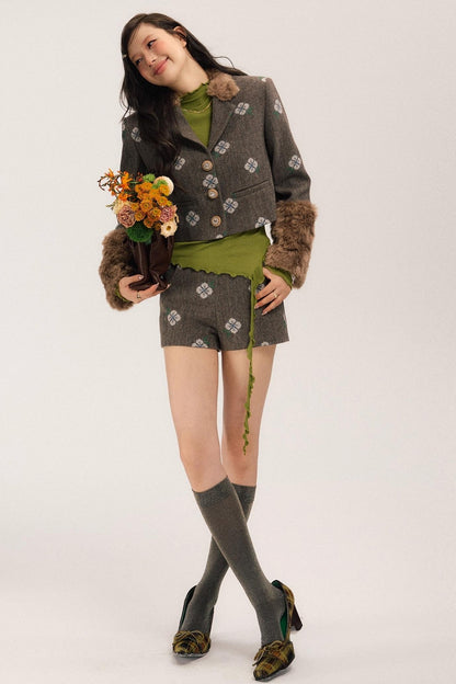 Retro Embroidery Tweed Fur Shorts Set-Up