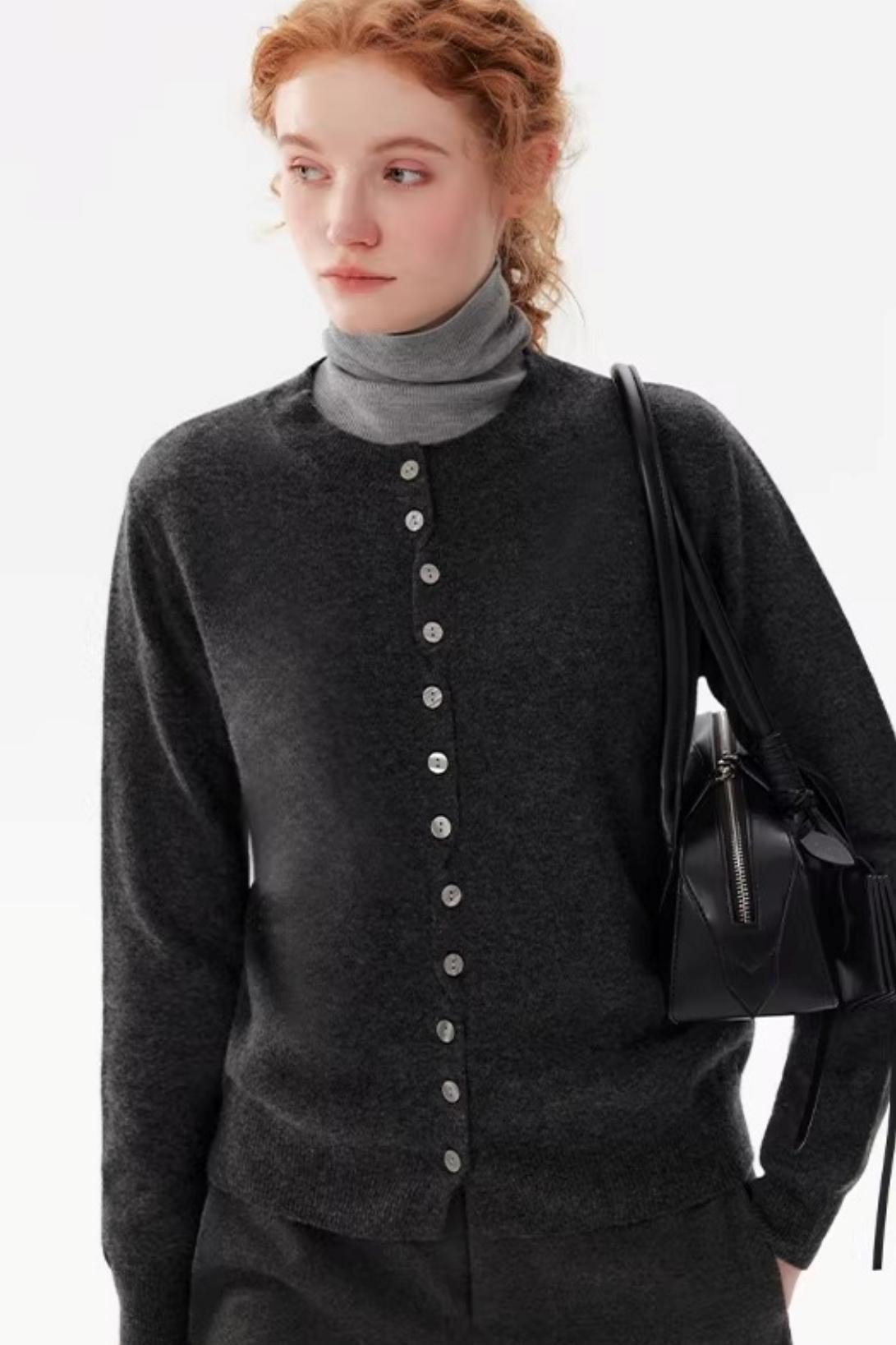 Gray Wool Crew Neck Cardigan