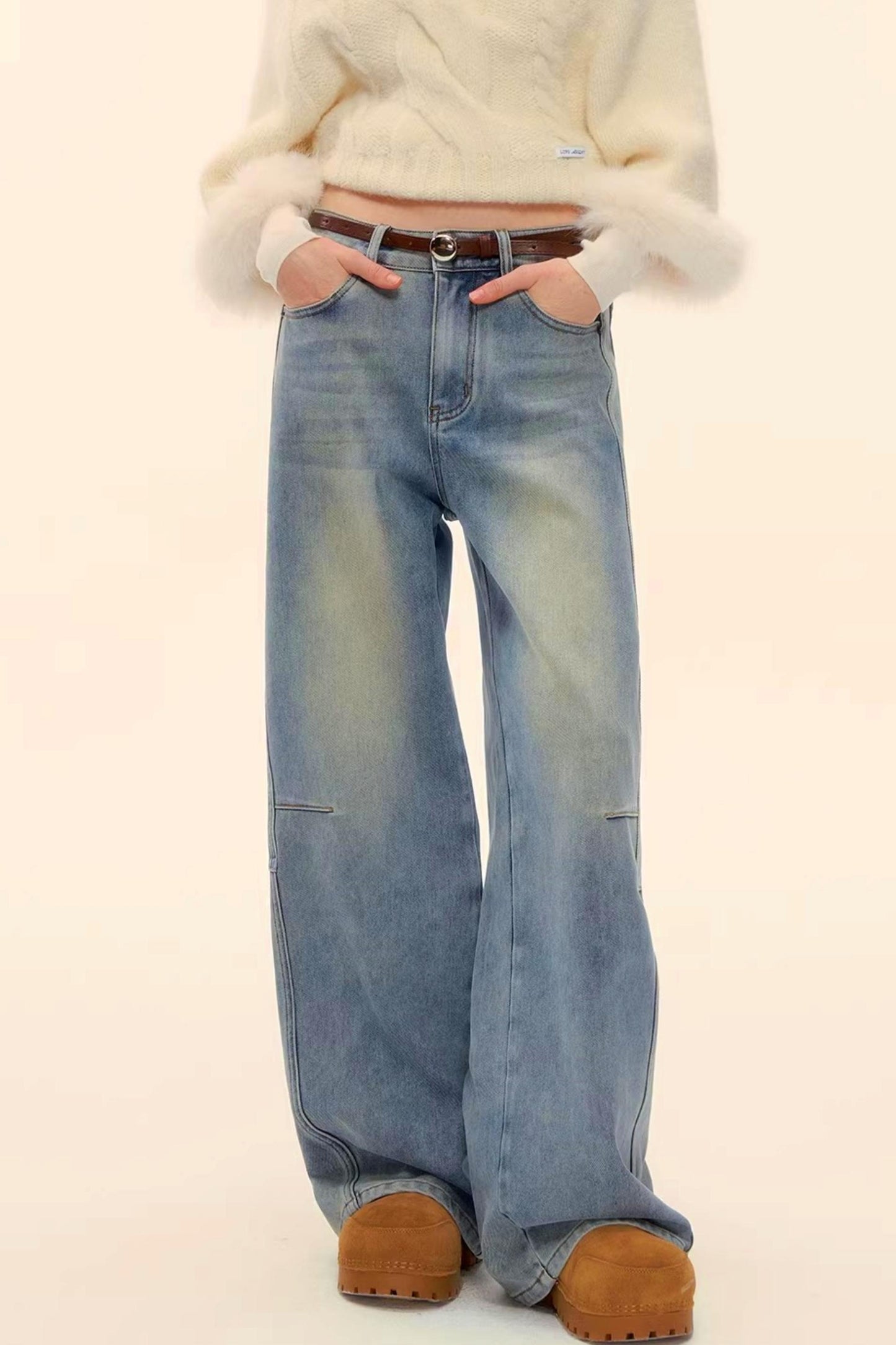 Washed Denim Curved Cut Pants