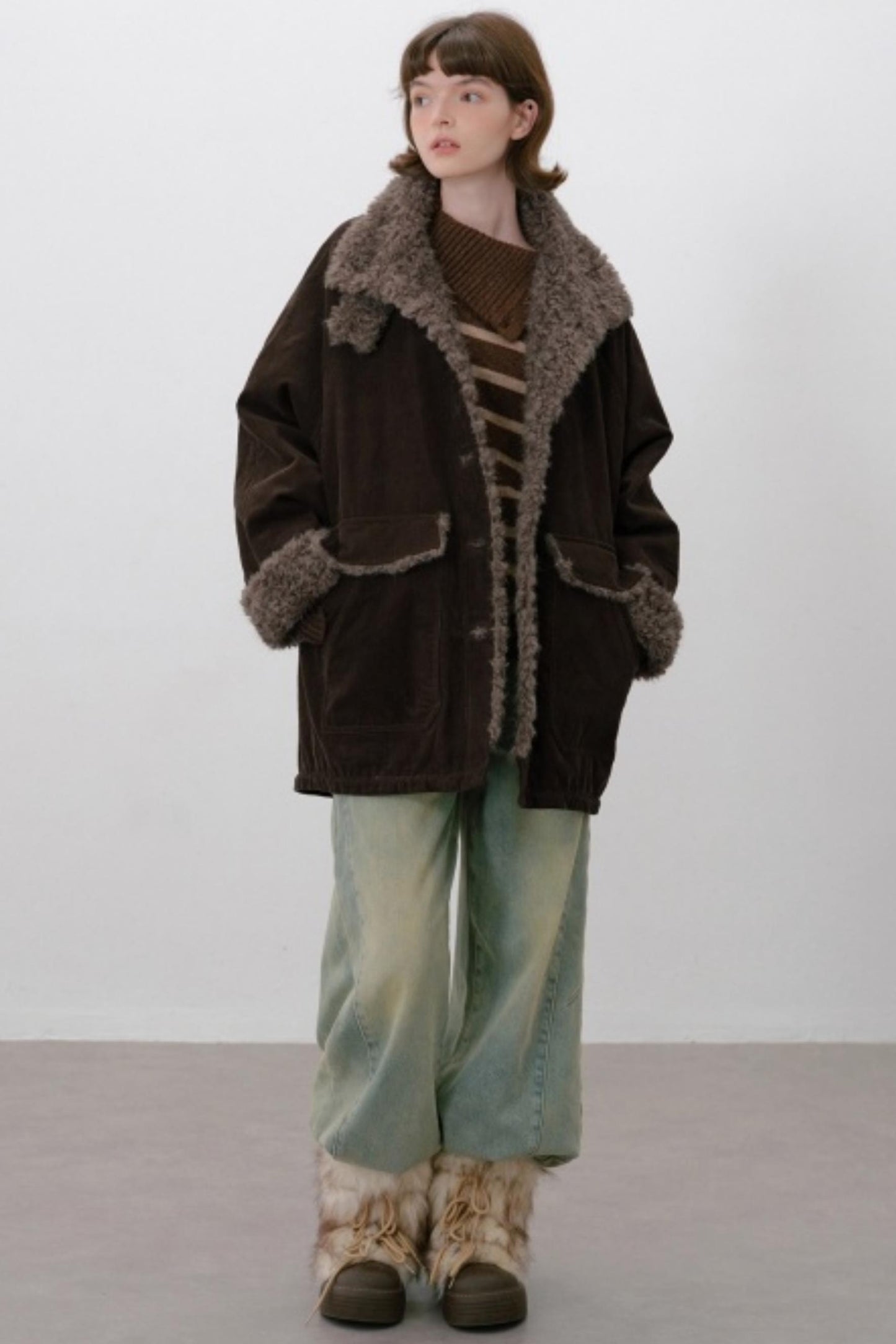 Corduroy Patchwork Fur Collar Jacket