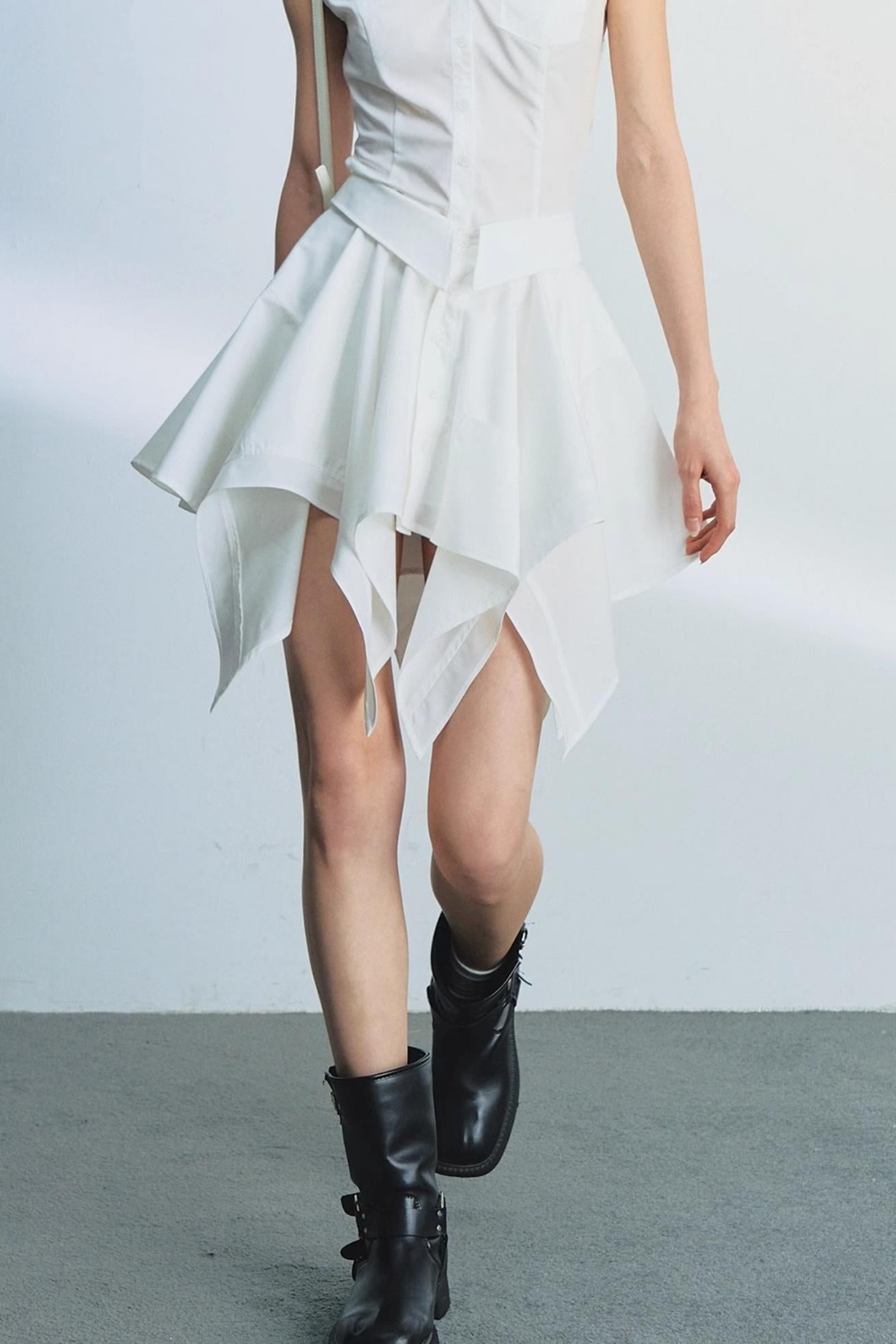 White Dash Sleeve Waist-Trim Shirt Set-Up