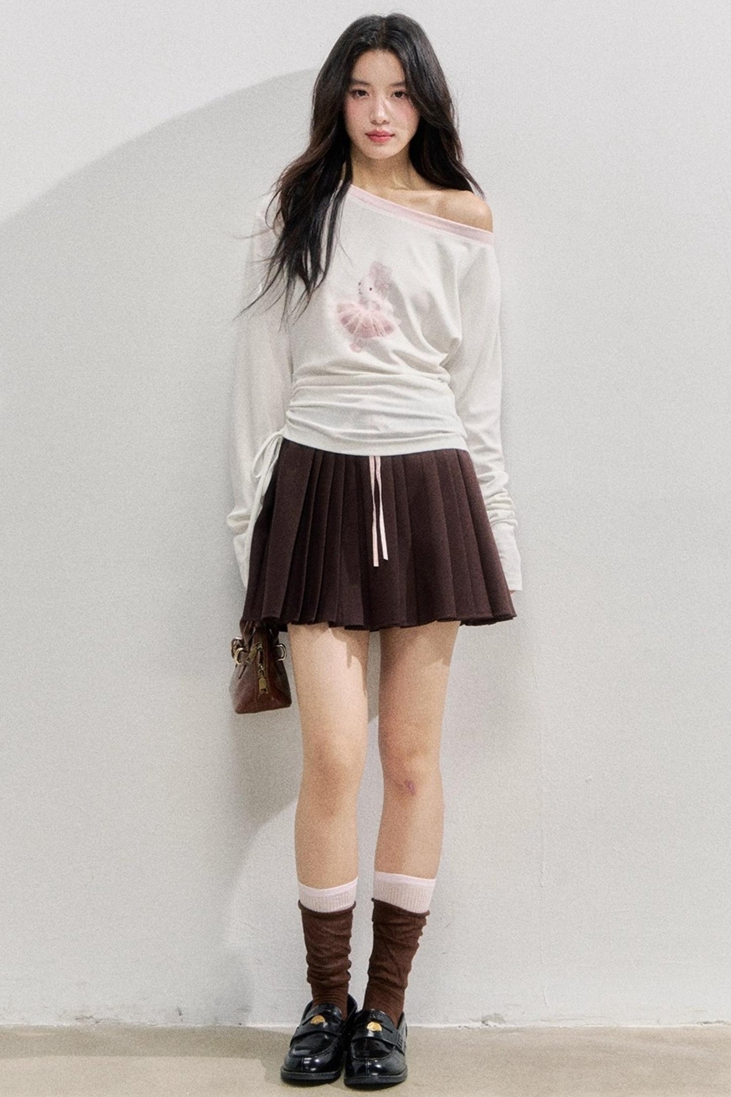 Slanted Shoulder Cotton Retro Long-Sleeved T-Shirt