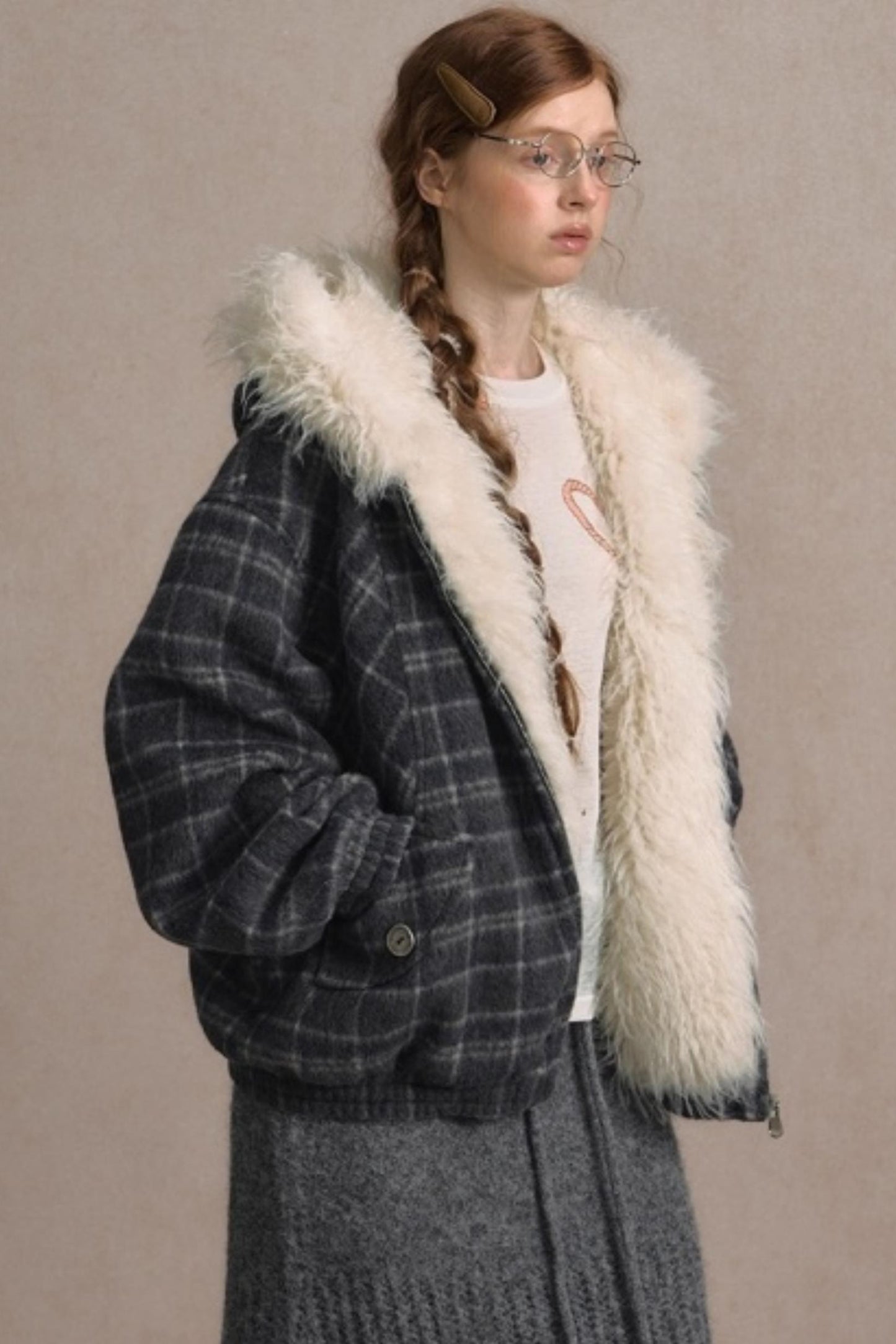 Elk Fur Collar Plaid Woolen Jacket