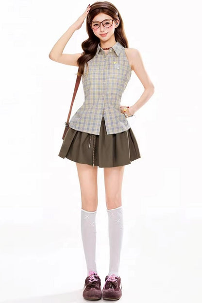 Retro Plaid Sleeveless Blouse