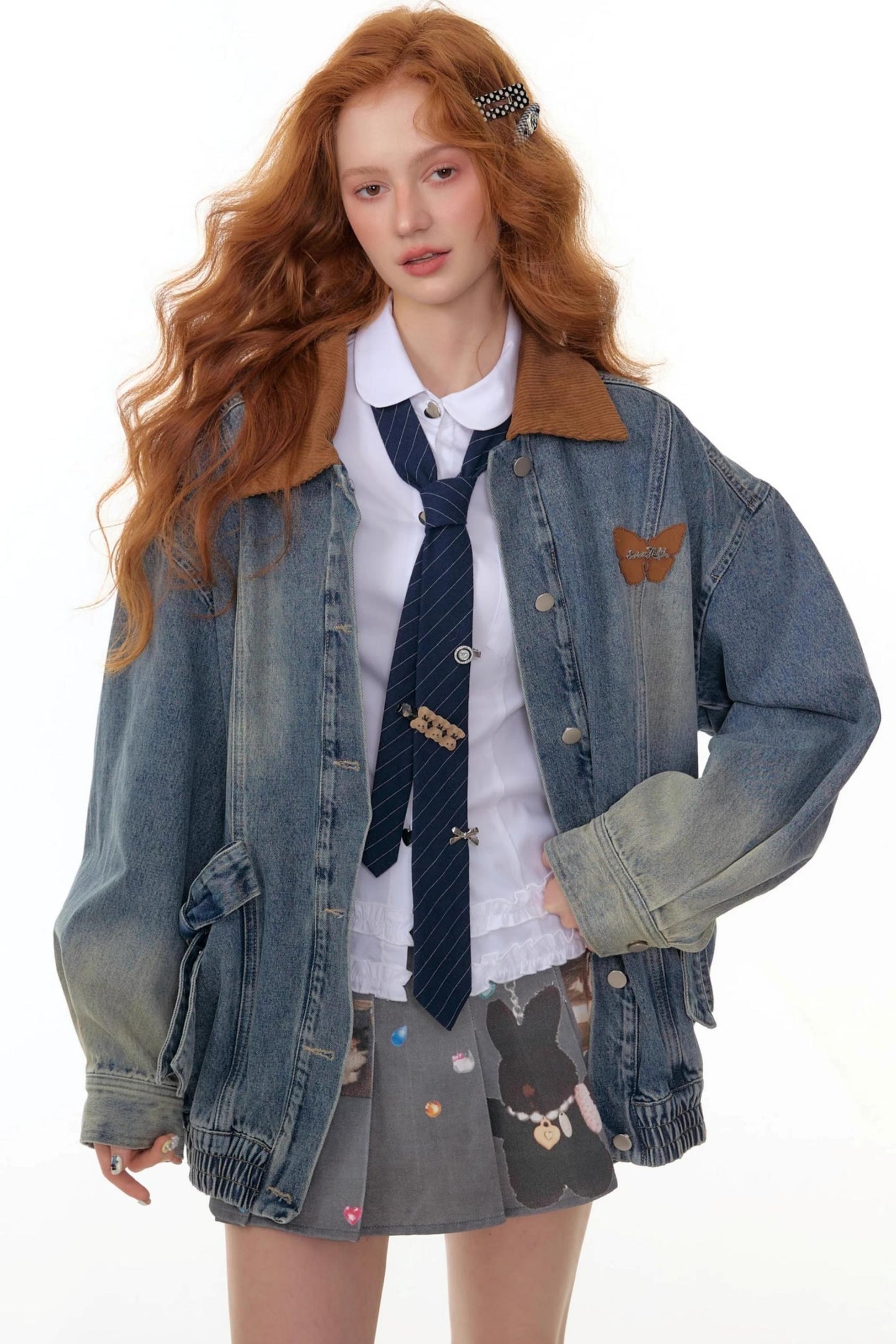 Bow Corduroy Collar Retro Denim Jacket