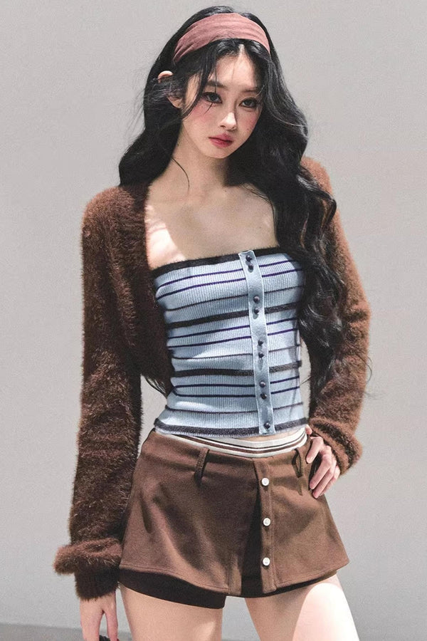 Blue Knitted Striped Top Set