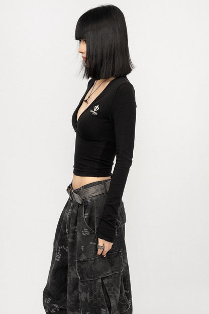 Black V-Neck Long-Sleeved Slim Top