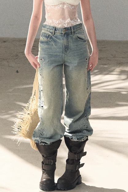 Laser Embroidery Distressed Jeans