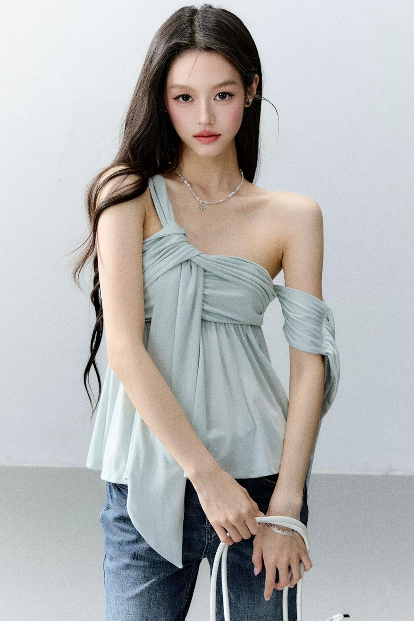 Island Green Asymmetrical Off-Shoulder Top Set-Up
