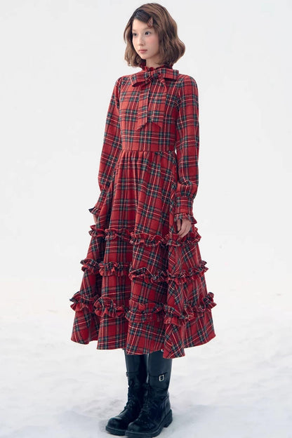 Retro Red Plaid Ruffle Dress