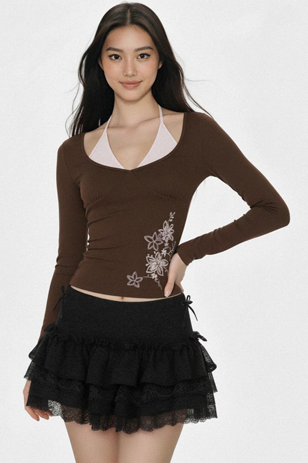 Color-Blocked Floral Embroidered Top