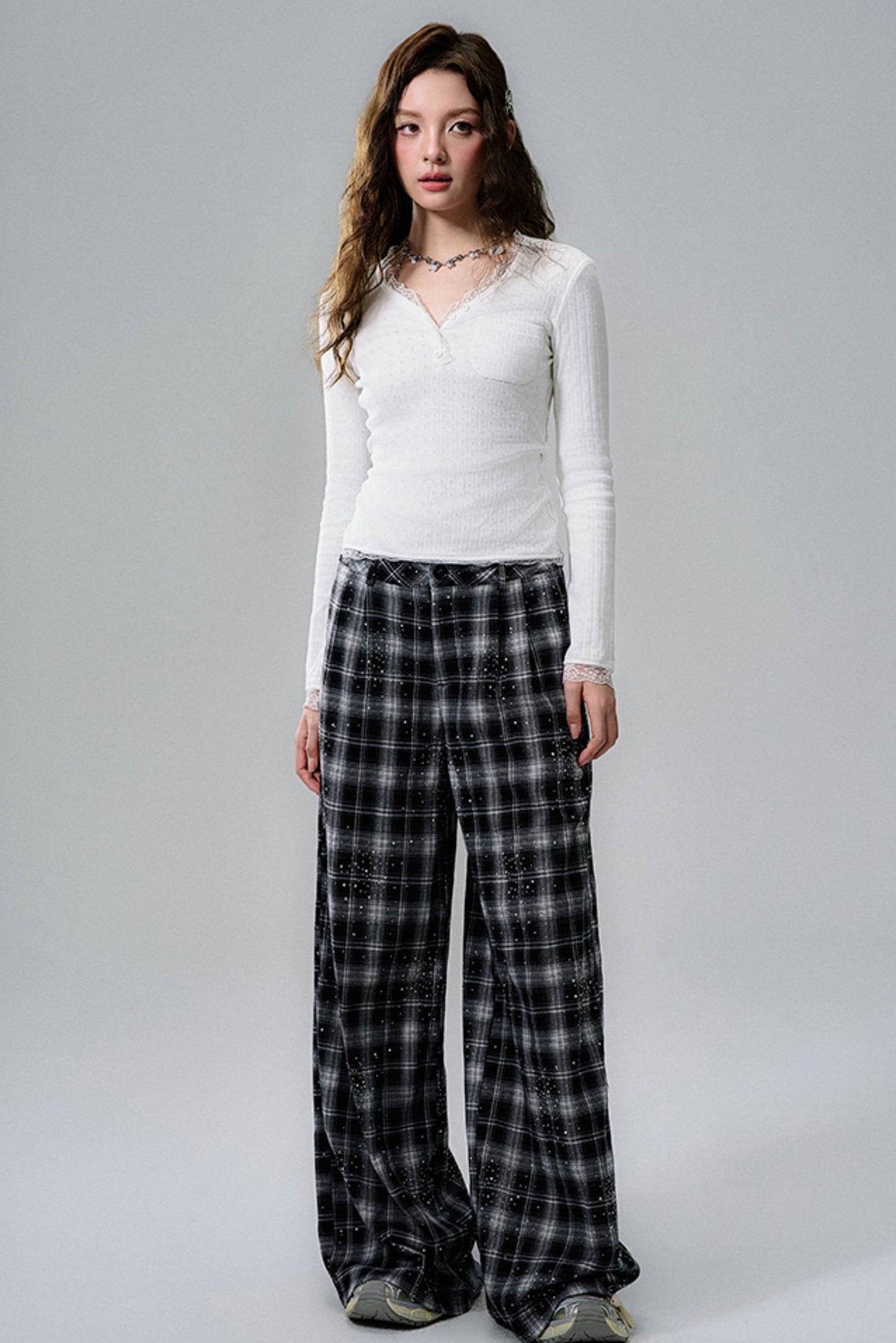 Lace-Trimmed V-Neck Henley Top