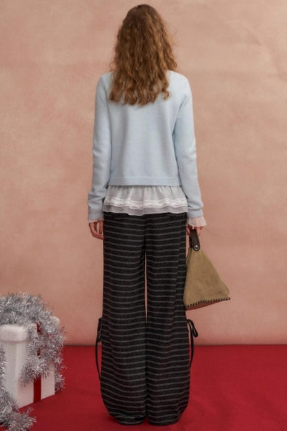 Bow Drawstring Striped Tweed Pants
