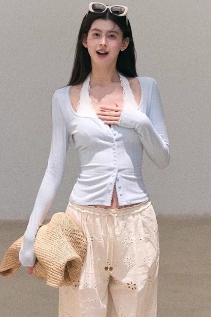 Hollow-Out Ribbed Knit Cardigan