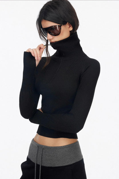 Half-Turtleneck Zip-Up Knitted Design Top