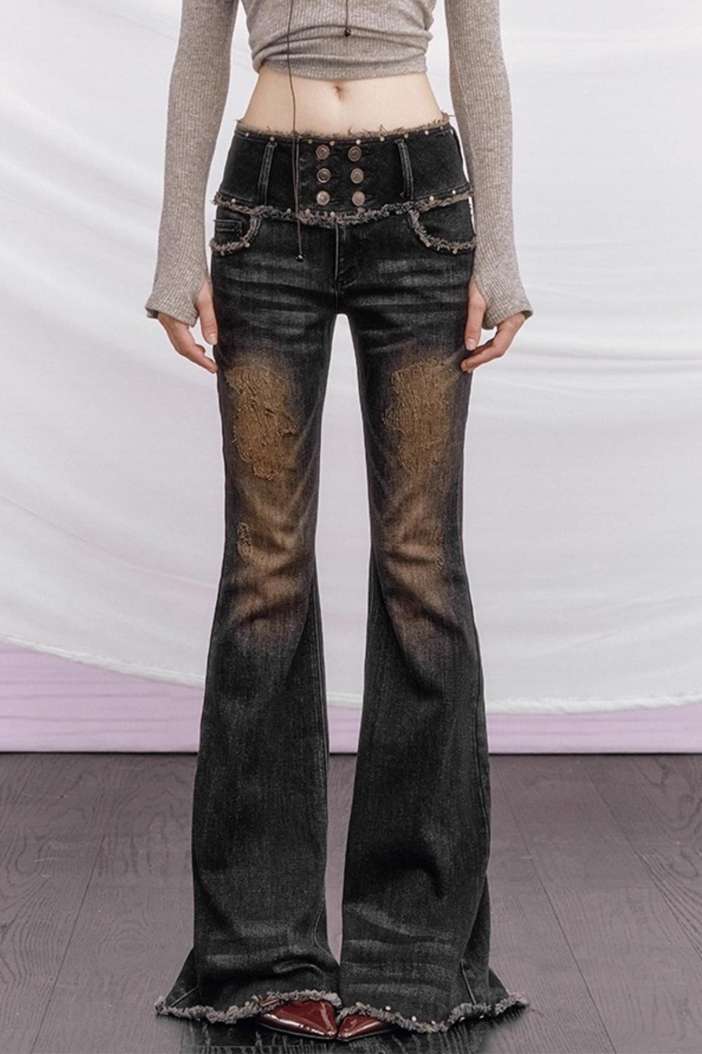 Vintage Distressed Denim Flared Pants