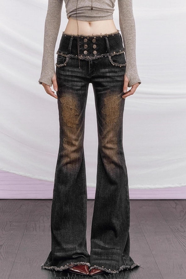 Vintage Distressed Denim Flared Pants