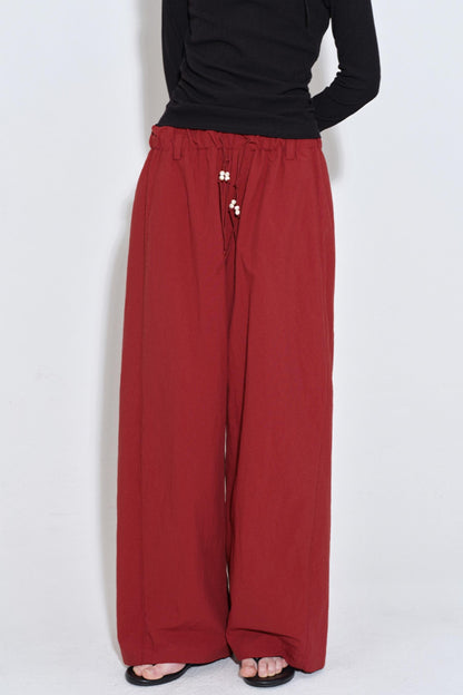 Retro Red Drawstring Bead Sporty Straight Pants