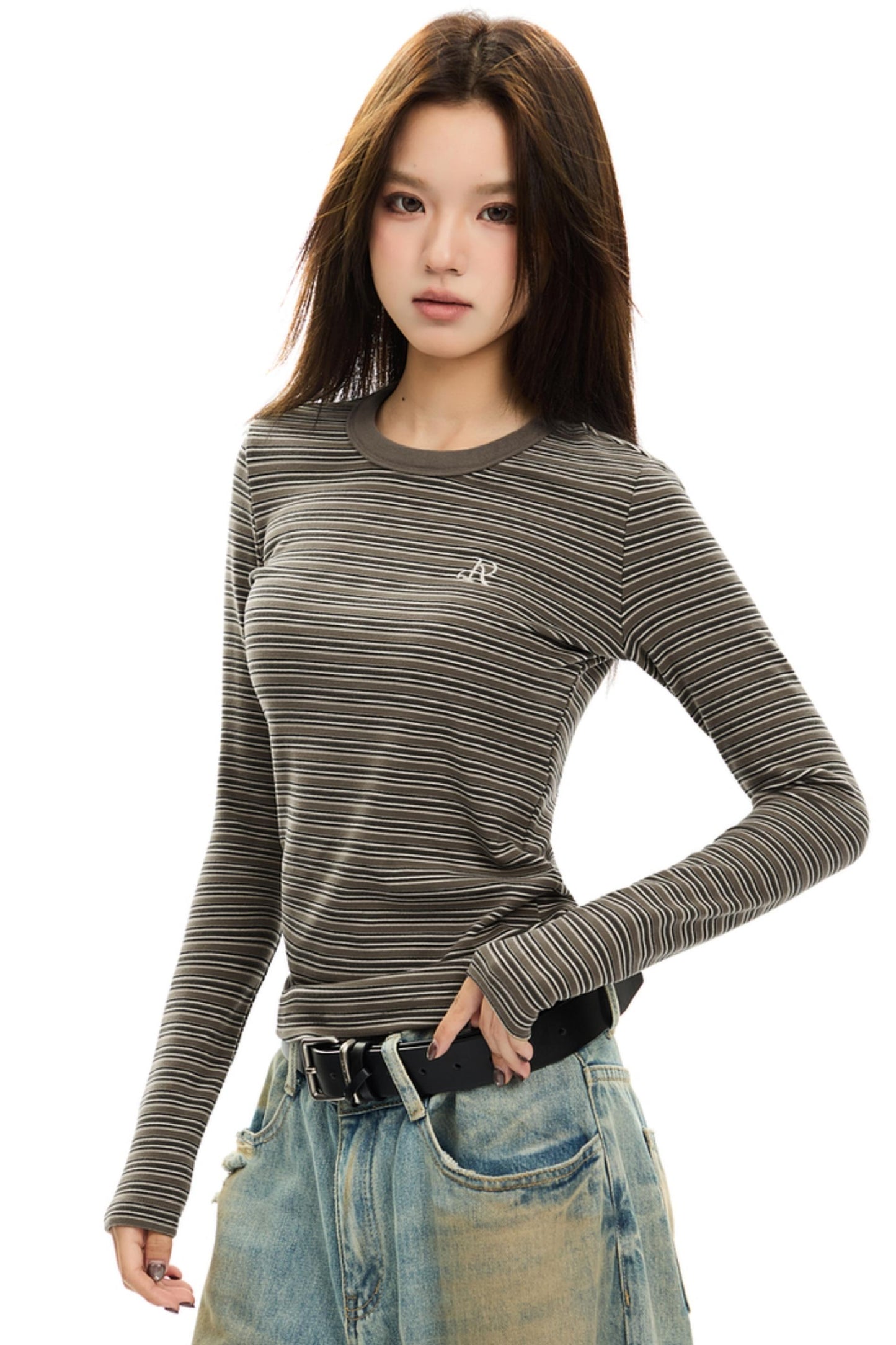 Brushed Crewneck Striped Long-Sleeve Top