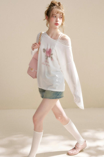 Blusa in Lyocell con Spalle Scoperte e Rose