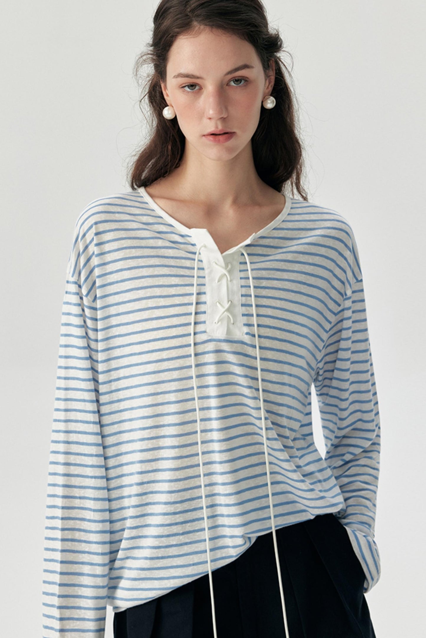 Nautical Blue Striped Tencel Long-Sleeved Smock