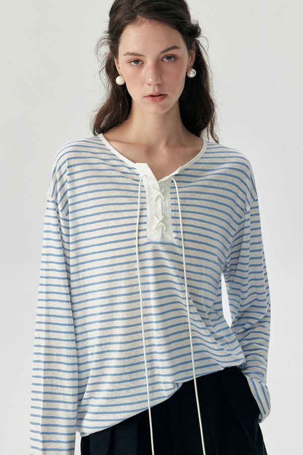 Nautical Blue Striped Tencel Long-Sleeved Smock