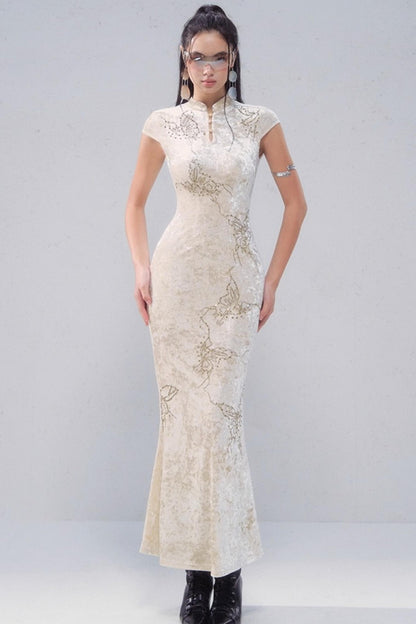 Porcelain Velvet Cheongsam Dress