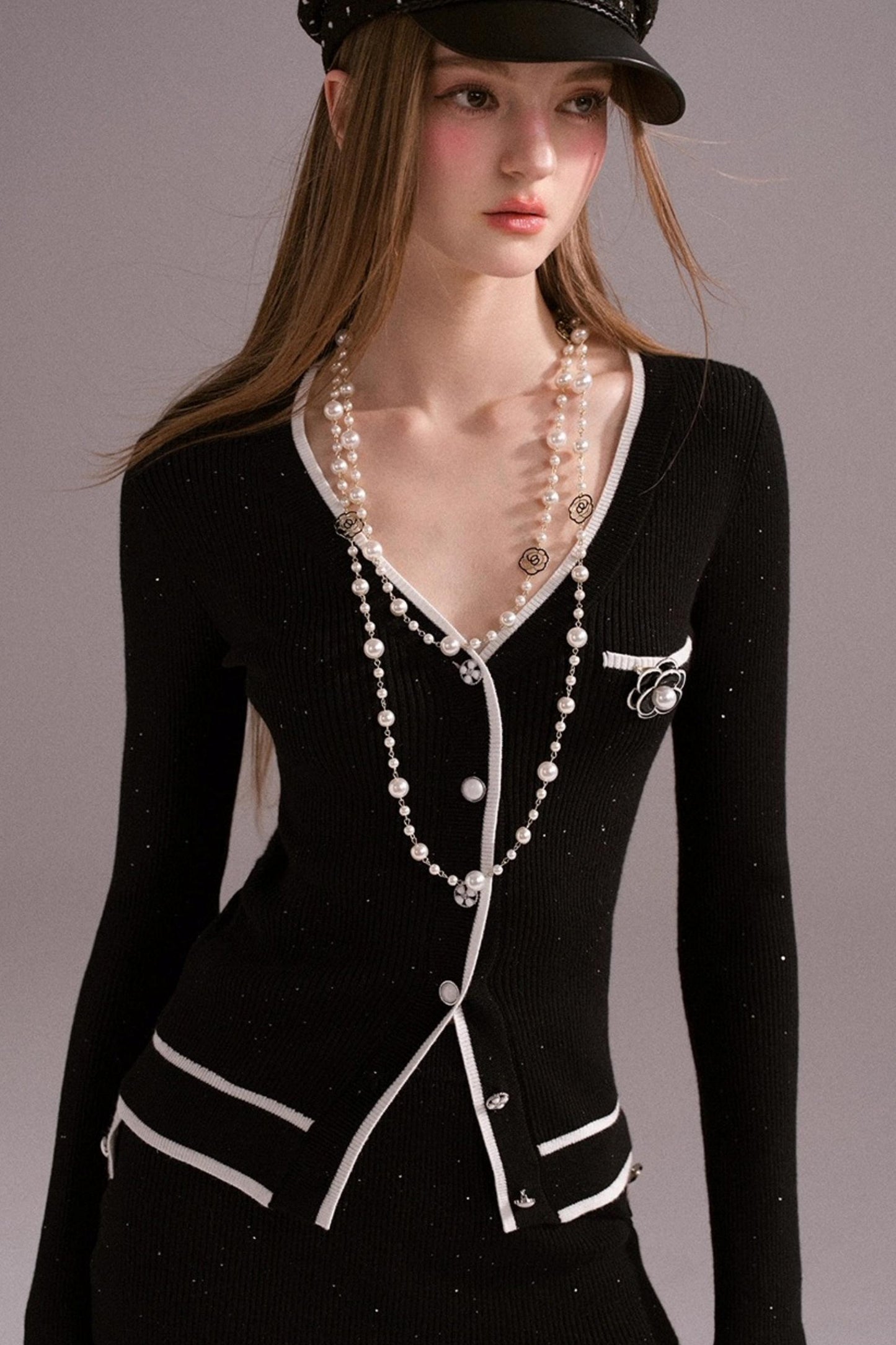 Hot Girl Contrast Knit Cardigan Suit Set-Up