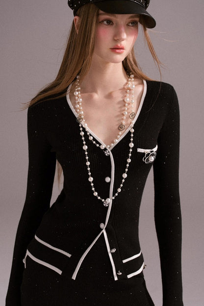 Hot Girl Contrast Knit Cardigan Suit Set-Up