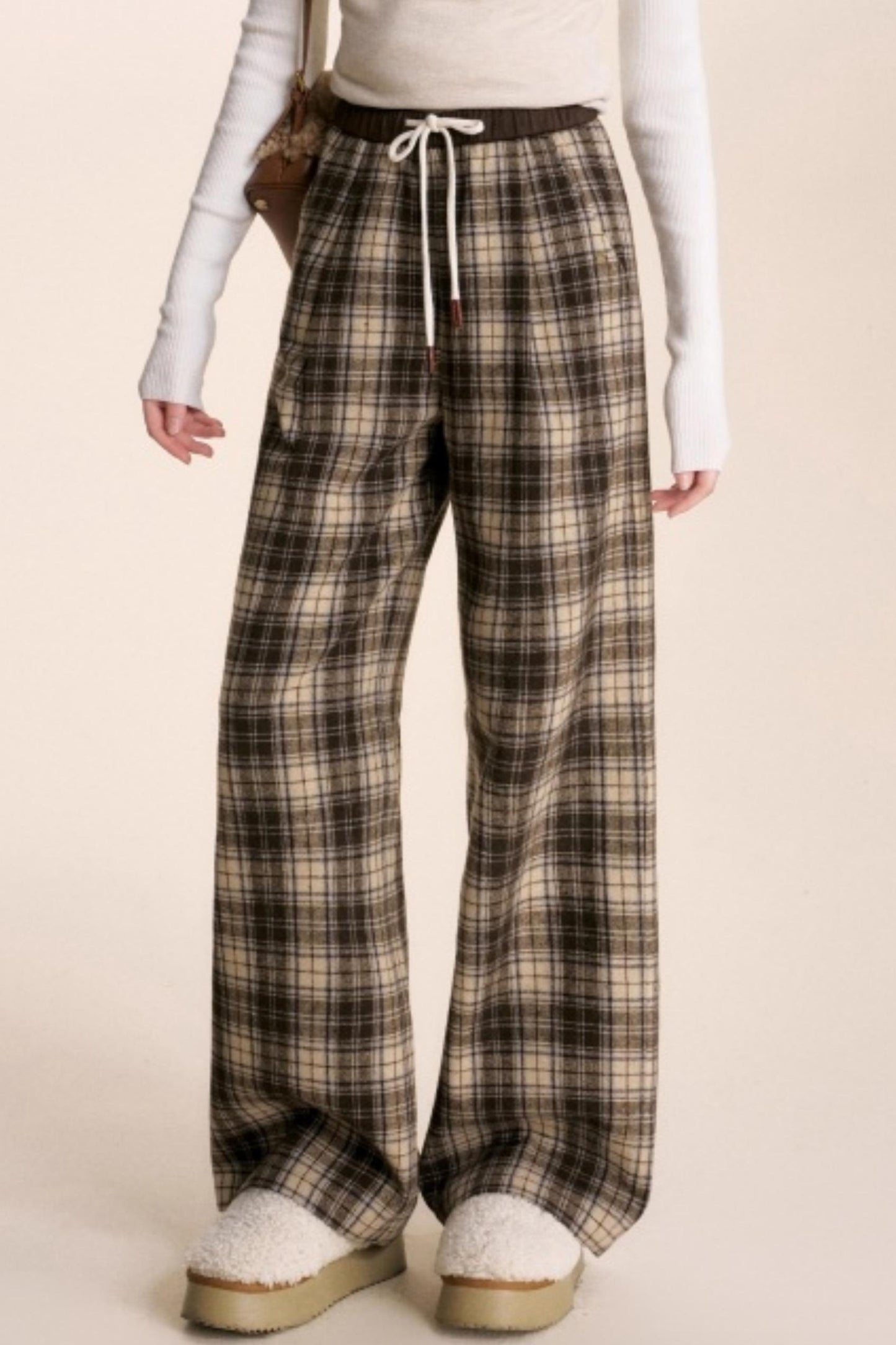 Plaid Woolen Wide-Leg Trousers