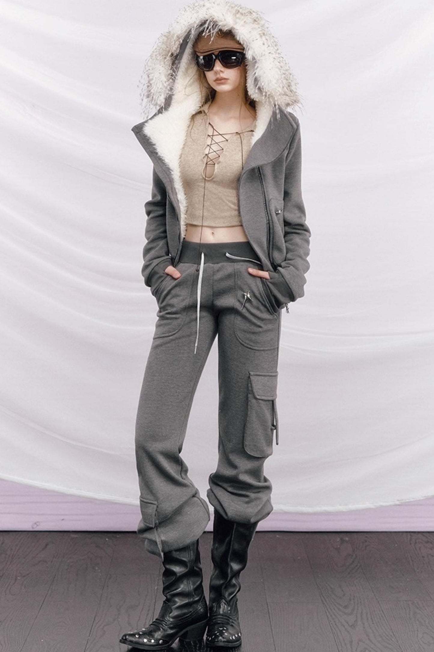 Knitted Hooded Diagonal Jacket Set-Up