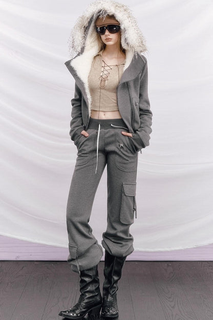 Knitted Hooded Diagonal Jacket Set-Up