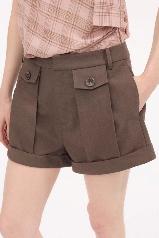 Wool Pleated Khaki Shorts