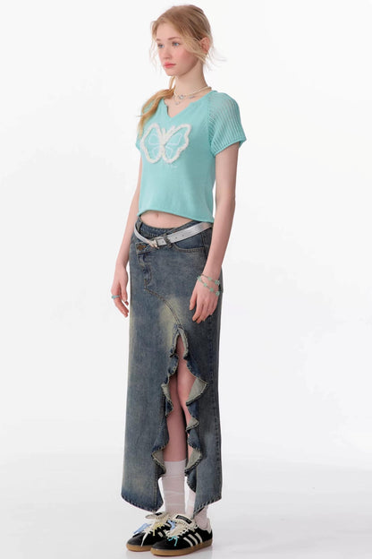 Top Raglan a Maglia con Farfalle 3D