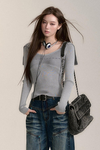 Slim Large Lapel Wool Knit Top