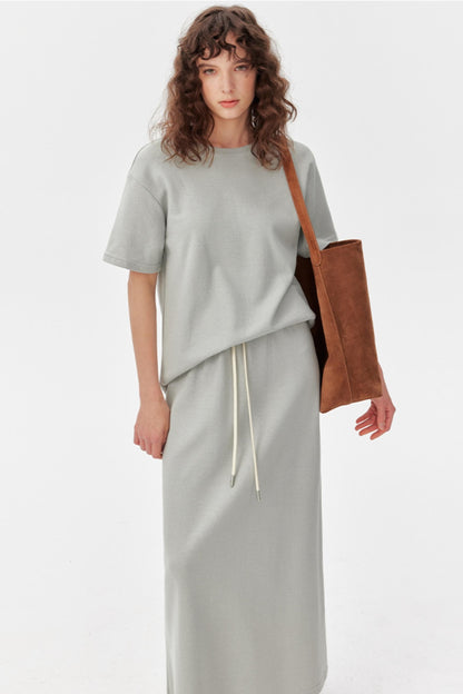 Grey Textured T-Shirt And Skirt Set-Up