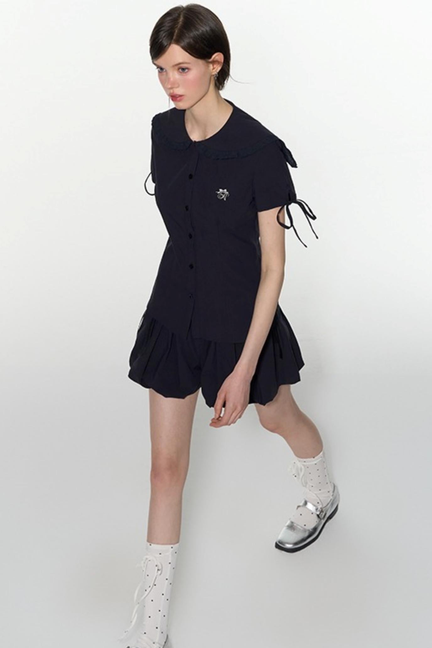 Navy Lace Collar Top & Skirt Set-Up