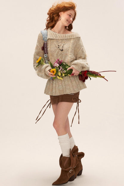 Lapel Tie Waist-Cinching Knit Sweater