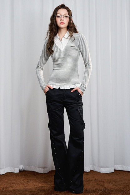 Lace Hem Striped Long Sleeve Knit Tee