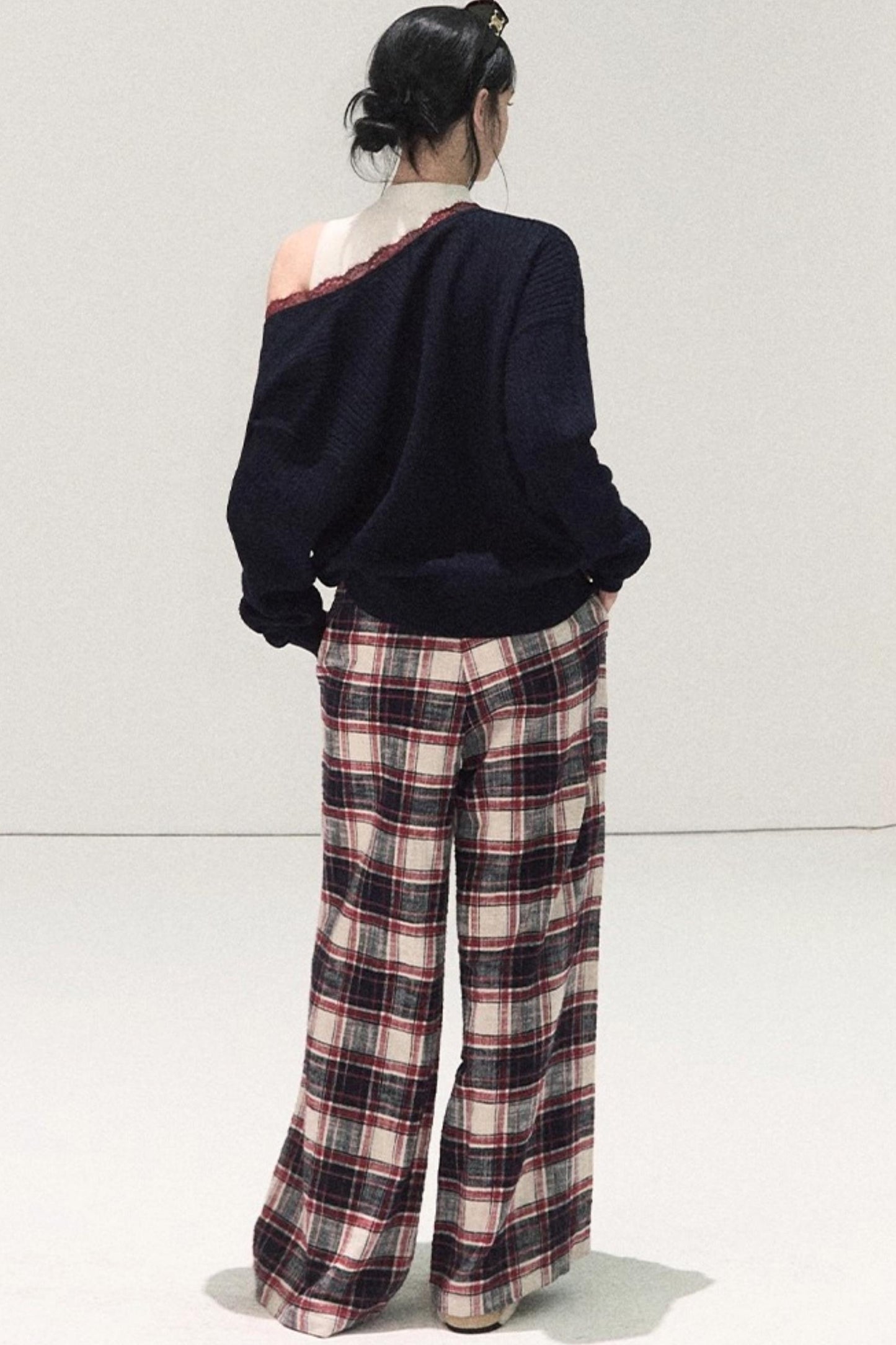 Pure Cotton Plaid Wide-Leg Pants
